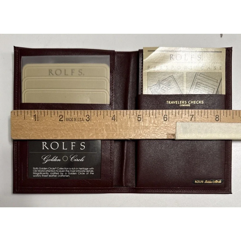 Vintage Rolfs Passport Case Billfold Mens Wine Brown Leather Golden Circle NIB